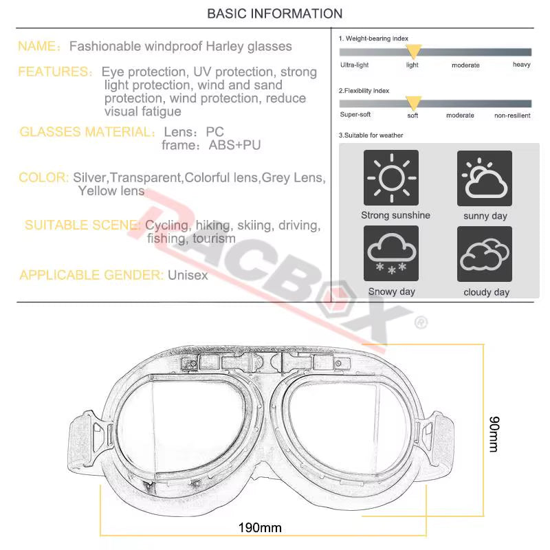 Black Motorcycle Windproof Classic Goggles Uv-Proof Foldable Sunglasses for Chopper ATV Scooter Outdoor Riding Racing Cycling